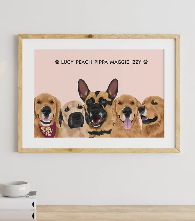 Custom dog portrait illustration with five dogs and names in wooden frame, CostanzaToniniDesign