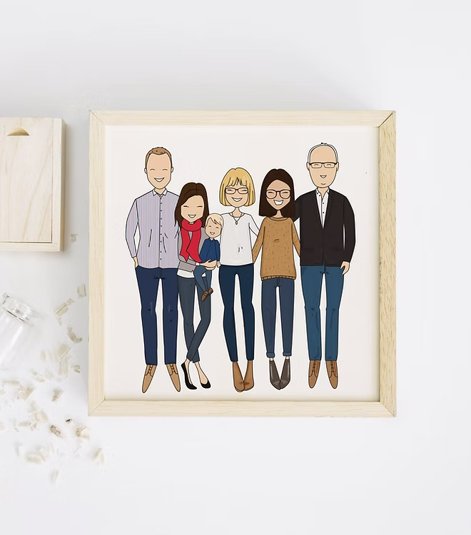 Custom illustrated family portrait in wood frame, CostanzaToniniDesign home decor art