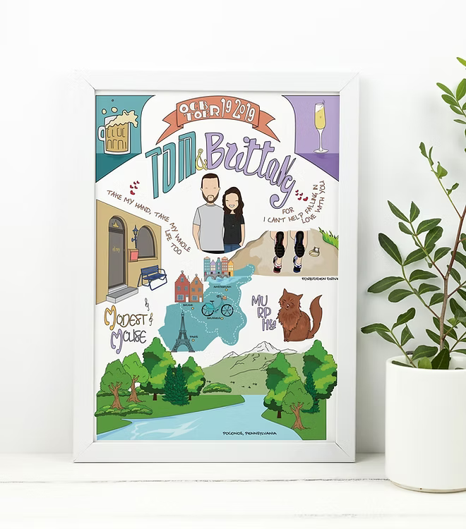 Custom illustrated couple print with personal memories and colorful drawings, CostanzaToniniDesign