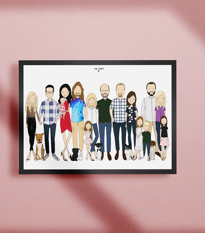 Custom illustrated family portrait print with pets, framed, on a pink background by CostanzaToniniDesign