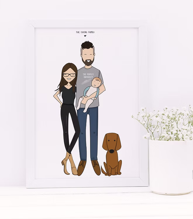 CostanzaToniniDesign custom family portrait illustration, framed with minimalist decor