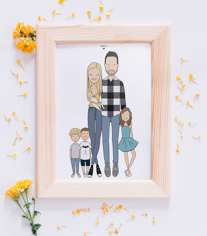 Framed custom illustrated family portrait with flowers, CostanzaToniniDesign