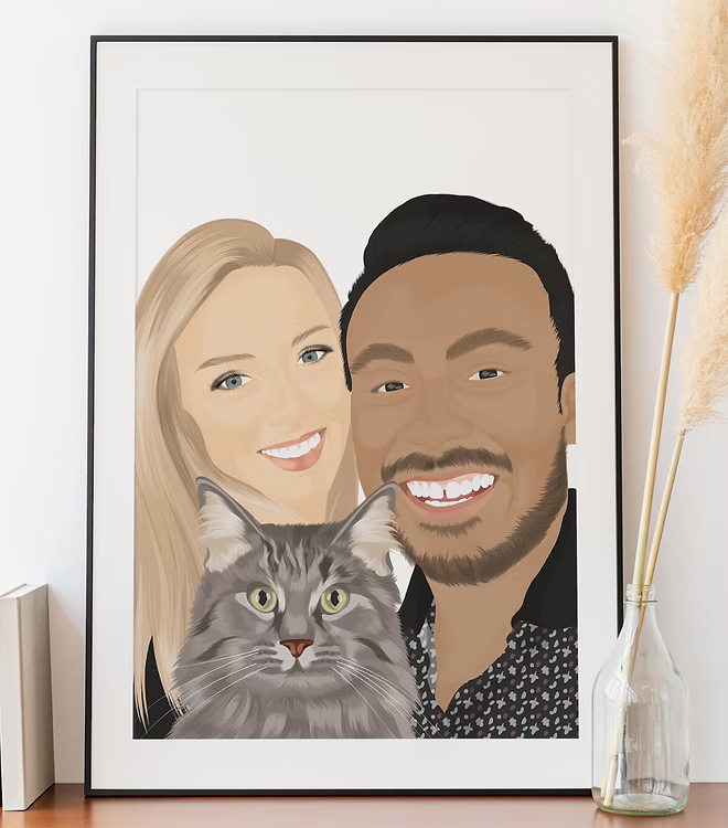 Custom illustrated portrait of a smiling couple with a gray cat, framed, CostanzaToniniDesign