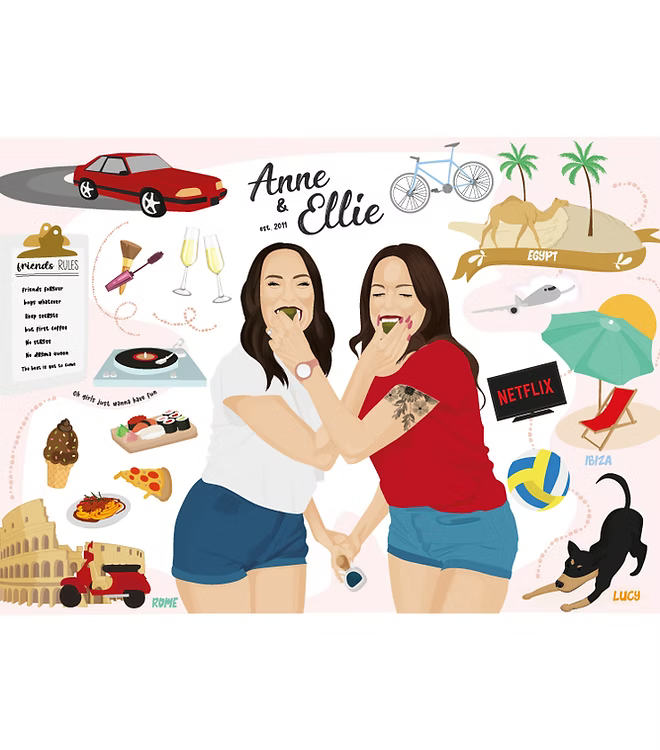 CostanzaToniniDesign illustration of two women laughing, surrounded by travel, food, and friendship icons