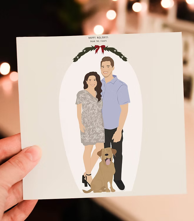 Custom illustrated holiday card with couple and dog, CostanzaToniniDesign style
