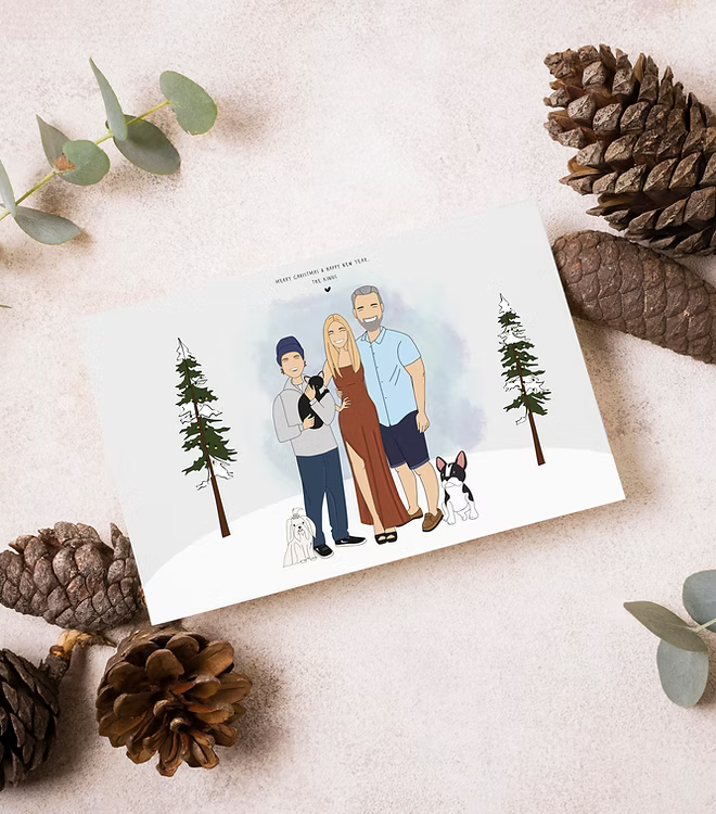 Custom illustrated family holiday card by CostanzaToniniDesign, surrounded by pine cones.