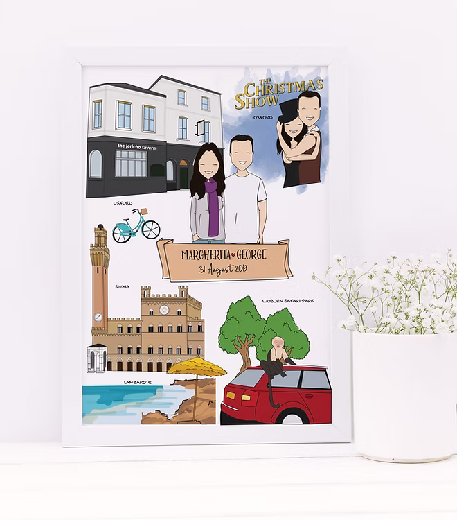 Custom illustrated couple portrait with travel memories in white frame, CostanzaToniniDesign style