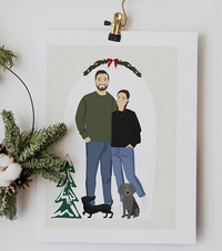 Custom illustrated couple with two dogs, Christmas decor, CostanzaToniniDesign art print