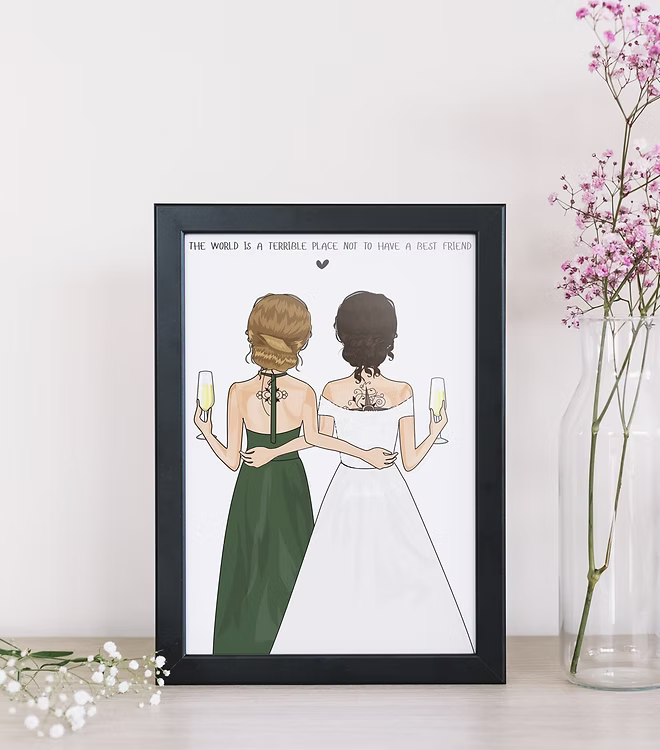 Framed CostanzaToniniDesign print of two women in formal dresses, holding champagne, with flowers nearby.