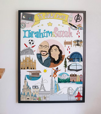 Custom illustrated couple portrait wall art with travel and adventure icons, CostanzaToniniDesign