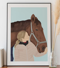 Framed CostanzaToniniDesign artwork of a woman with a brown horse, minimal background