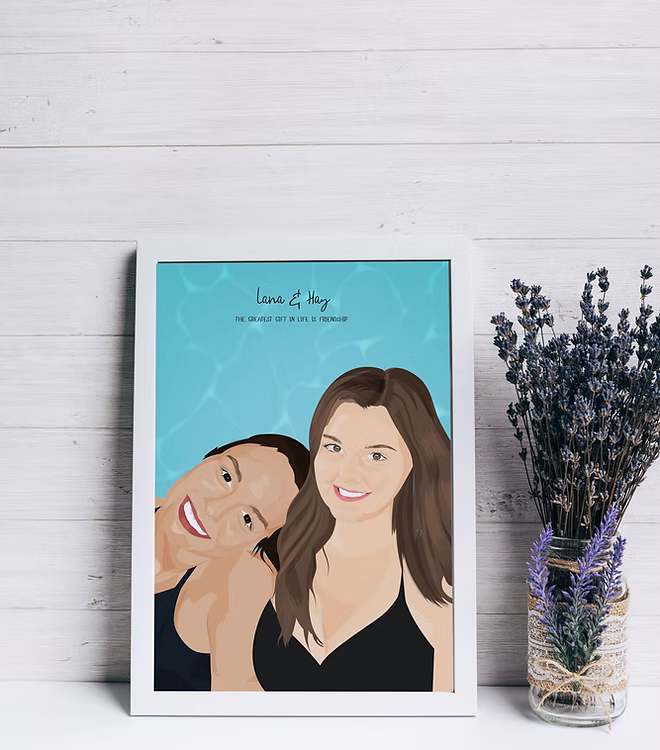 Custom illustrated friendship portrait print in white frame, CostanzaToniniDesign decor