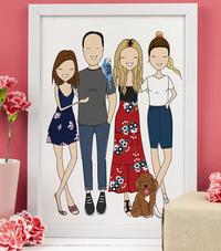 Custom cartoon family portrait print, four people, dog, bird, CostanzaToniniDesign art
