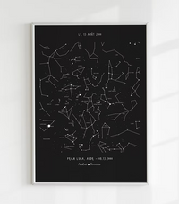 A personalized, hand-drawn star map print. The print features a detailed constellation map on a black background, showing the stars exactly as they appeared on a specific date and location. This is an ideal personalized anniversary gift, unique wedding present, or romantic engagement keepsake for home wall art.