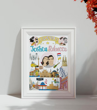 Custom illustrated couple portrait with iconic landmarks in white frame, CostanzaToniniDesign art