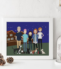 Custom cartoon family and pets portrait in a white frame, CostanzaToniniDesign artwork