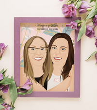 Illustrated portrait of two smiling women, purple floral frame, CostanzaToniniDesign artwork