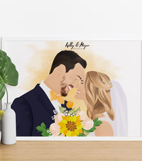 Custom wedding couple portrait illustration with bouquet, Costanza Tonini Design artwork