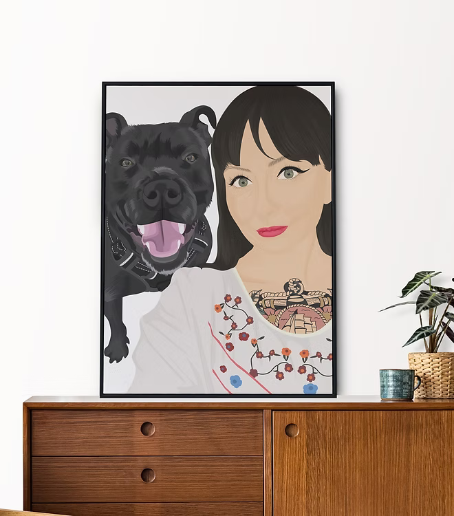 Modern portrait illustration of a woman with a black dog in CostanzaToniniDesign style