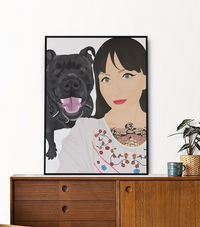 Modern portrait illustration of a woman with a black dog in CostanzaToniniDesign style