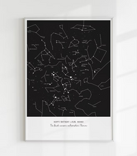 A personalized, hand-drawn star map print. The print features a detailed constellation map on a black background, showing the stars exactly as they appeared on a specific date and location. This is an ideal personalized anniversary gift, unique wedding present, or romantic engagement keepsake for home wall art.