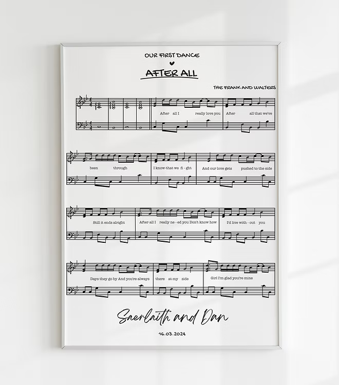 Stampa personalizzata spartito canzone d'amore con note disegnate a mano e dettagli personalizzati