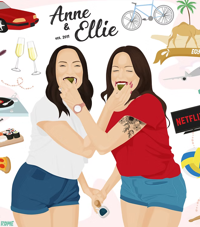 Illustrated women laughing and holding hands, surrounded by travel and lifestyle icons, CostanzaToniniDesign