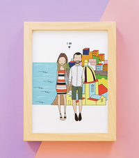 Framed CostanzaToniniDesign illustration of a couple by the sea with colorful houses