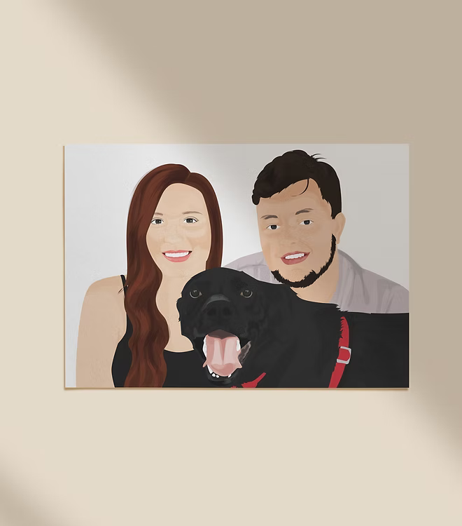 Custom illustrated portrait of a couple with a black dog on canvas, CostanzaToniniDesign