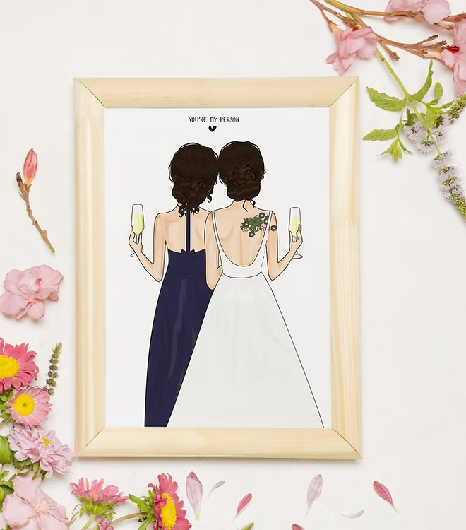 Framed illustration of two women in formal dresses with champagne, floral tattoo, CostanzaToniniDesign
