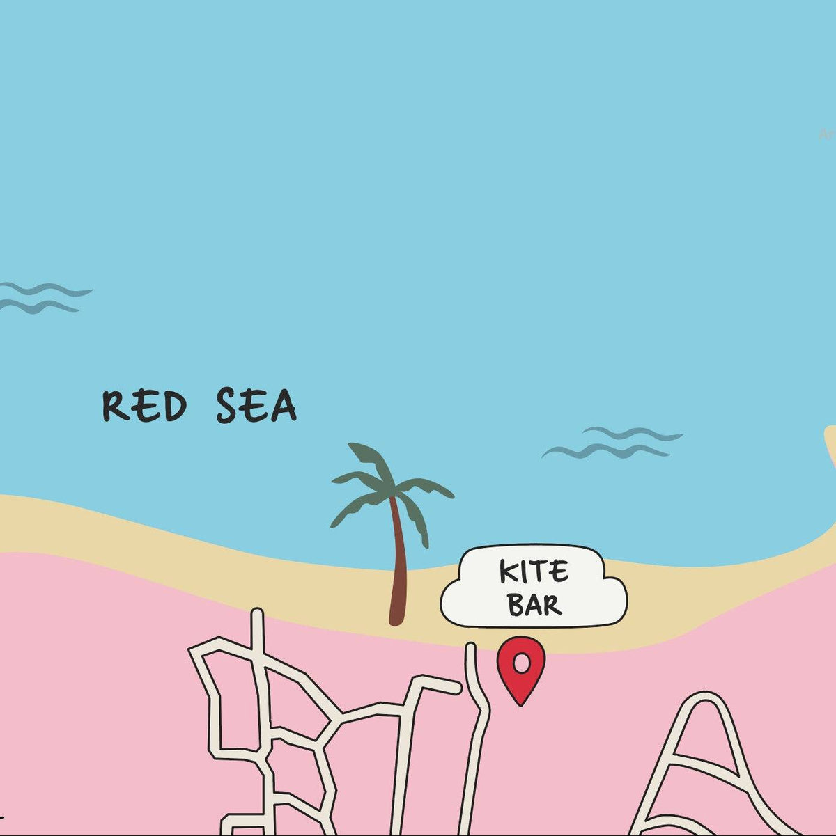 A minimalist personalized map art print of Marsa Alam in pink and blue, featuring a red location pin near The Kite Bar. The custom map includes hand-drawn street details, a river, and 'Since 2021' text at the bottom. Framed against a white wall with soft shadows.