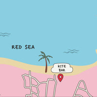 A minimalist personalized map art print of Marsa Alam in pink and blue, featuring a red location pin near The Kite Bar. The custom map includes hand-drawn street details, a river, and 'Since 2021' text at the bottom. Framed against a white wall with soft shadows.