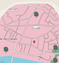 A minimalist personalized map art print of London in pink and blue, featuring a red location pin near The Scalpel and Cannon Street. The custom map includes hand-drawn street details, a river, and 'Since 2022' text at the bottom. Framed against a white wall with soft shadows.