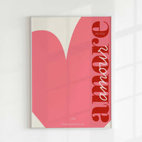 Personalized Valentine’s Day print with “amore” and “amour” word, modern artistic typography on pink background, customizable initials, date, inscription, and colors, unique romantic couple gift.