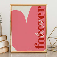 Personalized Valentine’s Day print with “forever” and “love” word, modern artistic typography on pink background, customizable initials, date, inscription, and colors, unique romantic couple gift.