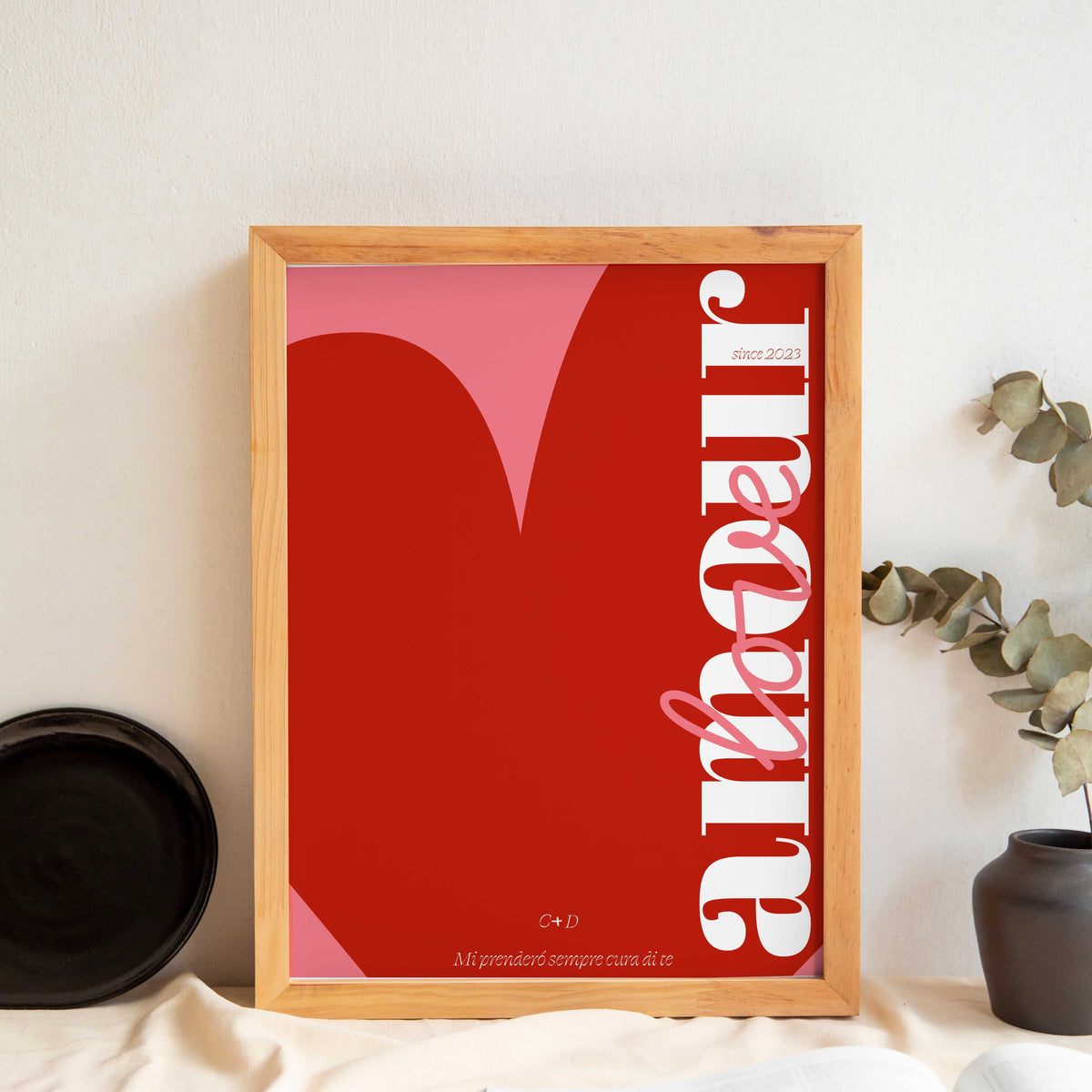 Personalized Valentine’s Day print with “amor” and “love” word, modern artistic typography on red background, customizable initials, date, inscription, and colors, unique romantic couple gift.
