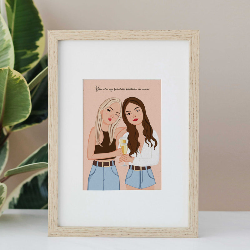 Personalized bestie caricature portrait with personalized hair colors and outfits, for a meaningful 20th or 30th birthday gift. Artwork by Costanza Tonini Design
