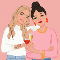 Personalized bestie caricature portrait with personalized hair colors and outfits, for a meaningful 20th or 30th birthday gift. Artwork by Costanza Tonini Design