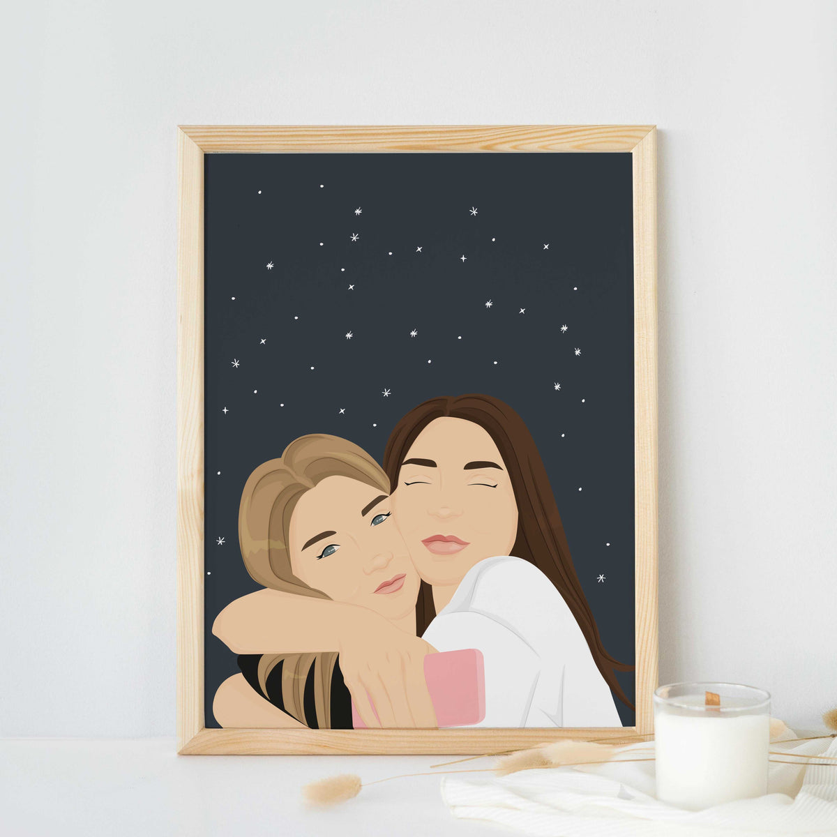 Personalized best friend portrait gift for graduation, birthdays or Galentine's Day. Hand-drawn digital illustration of two women next to each other, custom BFF artwork.