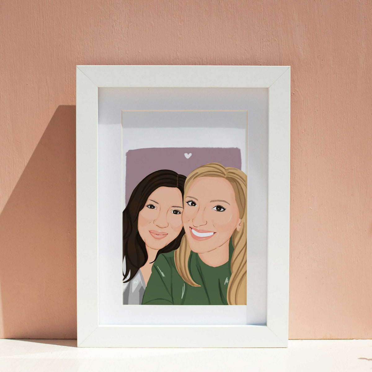 Personalized birthday gift from friends featuring a custom digital group illustration. Hand-drawn portrait of two women shown in a modern wooden frame, perfect as a bridesmaid proposal, a touching keepsake for a bachelorette party or as birthday gift for a best friend, meticulously drawn from separate reference photos.