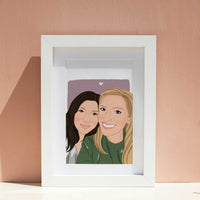 Personalized birthday gift from friends featuring a custom digital group illustration. Hand-drawn portrait of two women shown in a modern wooden frame, perfect as a bridesmaid proposal, a touching keepsake for a bachelorette party or as birthday gift for a best friend, meticulously drawn from separate reference photos.