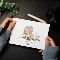 A top-down view of a horizontal birth announcement card held by hands. The custom vector artwork depicts a sleeping newborn baby wearing a gray beanie and a floral pattern romper, cuddling a brown and white puppy lying on its back. The text underneath reads "Welcome to the world Jean".