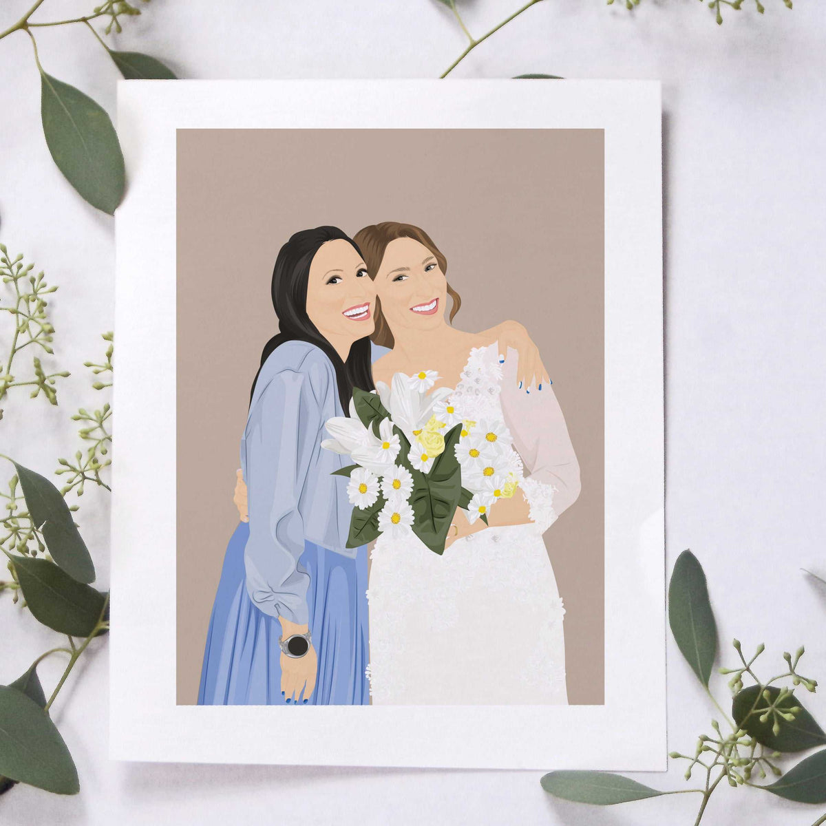 Custom digital illustration of a smiling bride holding a daisy bouquet next to her friend in a blue dress, featured as a personalized bride and bridesmaid portrait print. Ideal as a meaningful bridesmaid proposal gift or a maid of honor thank you present.