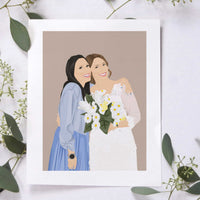 Custom digital illustration of a smiling bride holding a daisy bouquet next to her friend in a blue dress, featured as a personalized bride and bridesmaid portrait print. Ideal as a meaningful bridesmaid proposal gift or a maid of honor thank you present.