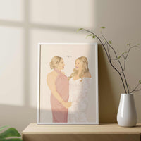 A personalized portrait as a gift for your bridesmaid. A framed illustration of two women in wedding attire. The woman on the left is wearing a pink dress and the woman on the right is wearing a white lace dress. The text "Truly & King" is written in the top right corner of the illustration.