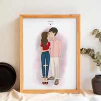 Personalized illustration of a couple kissing, first kiss portrait with date and wooden frame, anniversary or valentines day gift idea