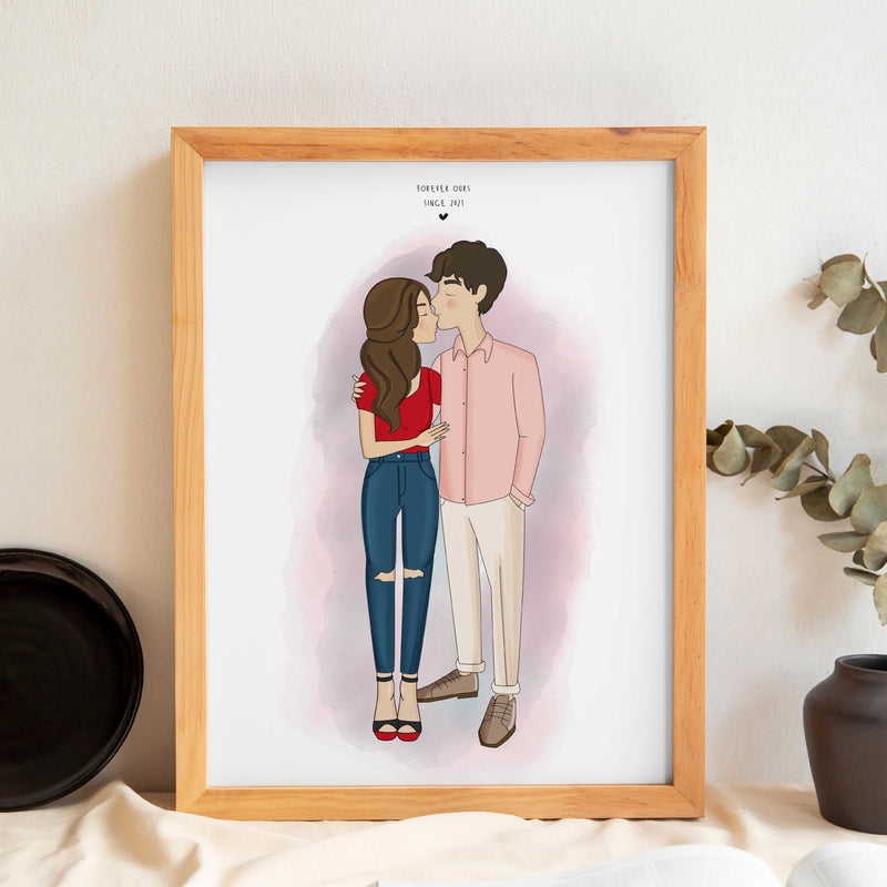 Personalized illustration of a couple kissing, first kiss portrait with date and wooden frame, anniversary or valentines day gift idea