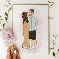 Personalized illustration of a couple kissing, first kiss portrait with date and paper quality, anniversary or valentines day gift idea