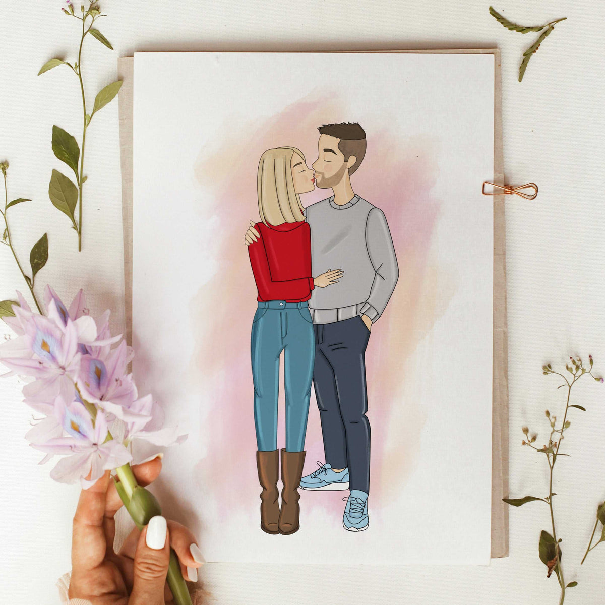 Personalized illustration of a couple kissing, first kiss portrait with date and high quality paper, anniversary or valentines day gift idea