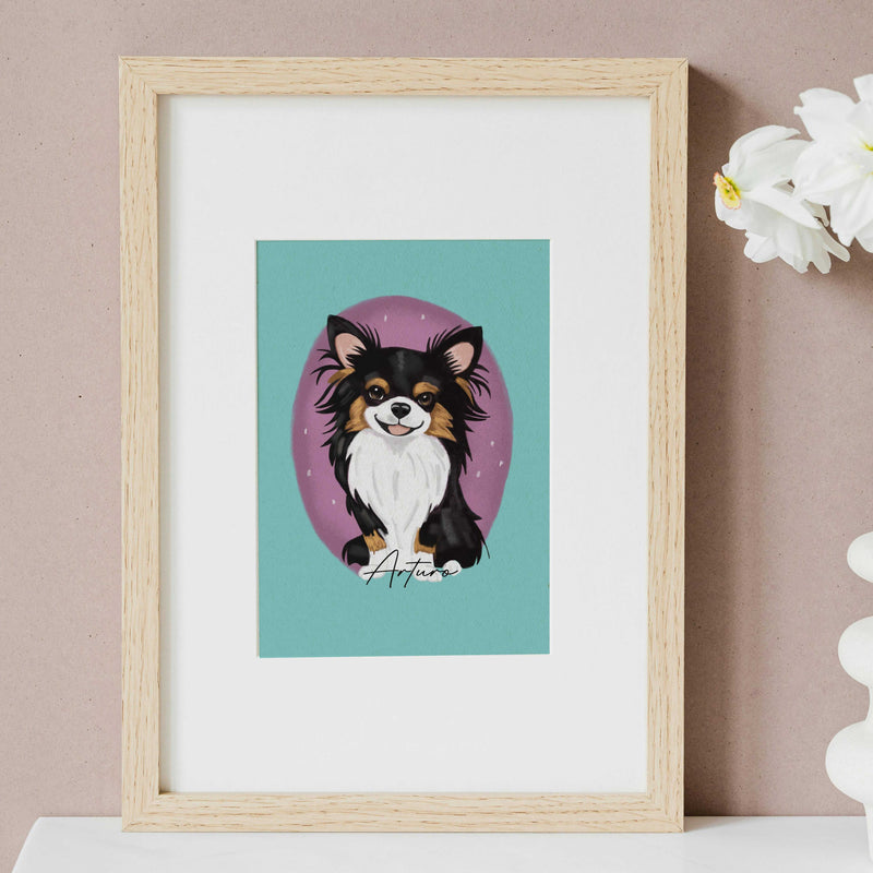 Custom long-haired Chihuahua pet portrait illustration titled "Arturo" in a light wood frame, featuring a teal and purple background—personalized dog lover gift idea.